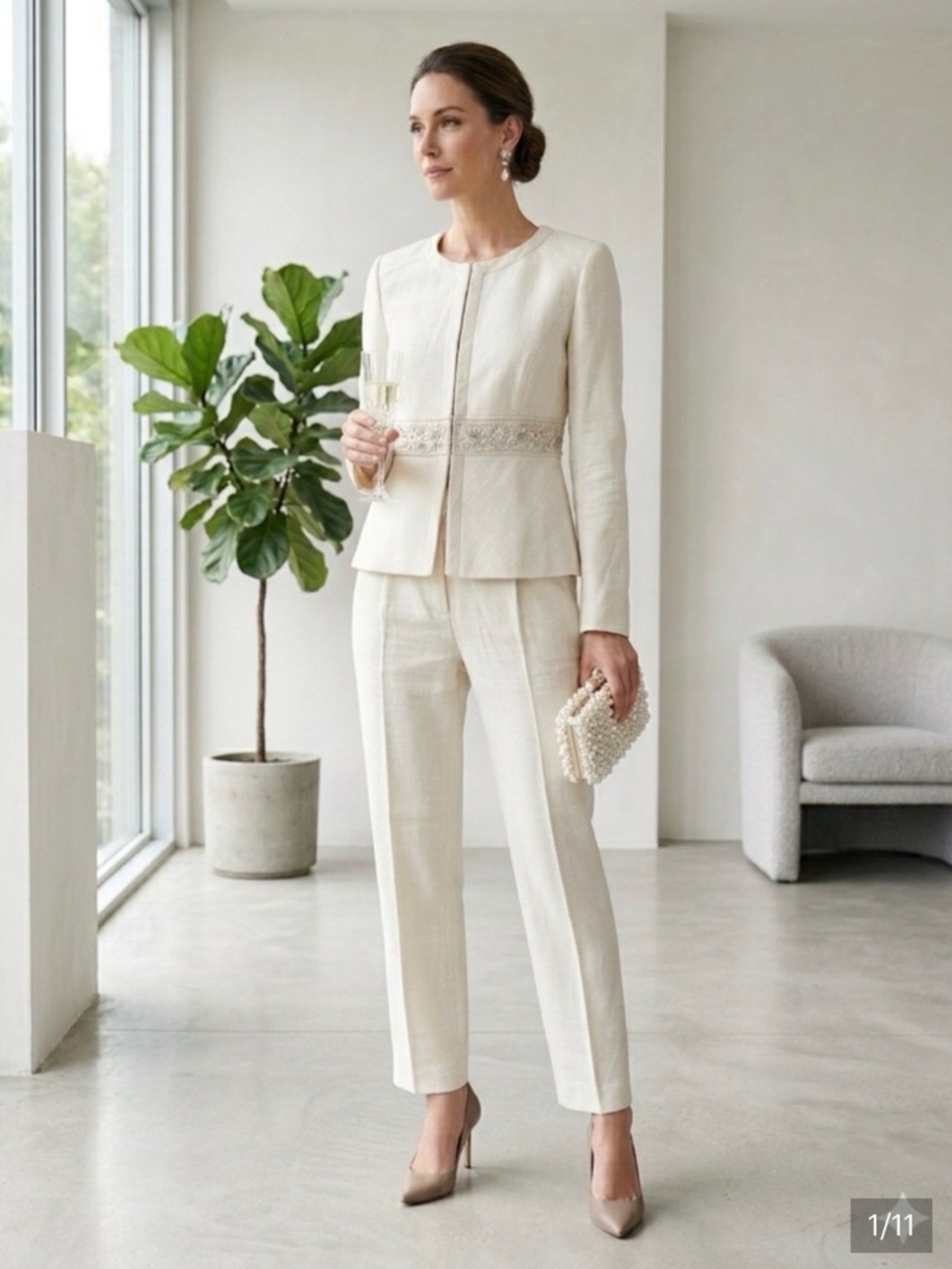 Vintage 90s / Y2K Valentino 
Cream Beaded Linen Peplum Suit Set
Fits approx US 4